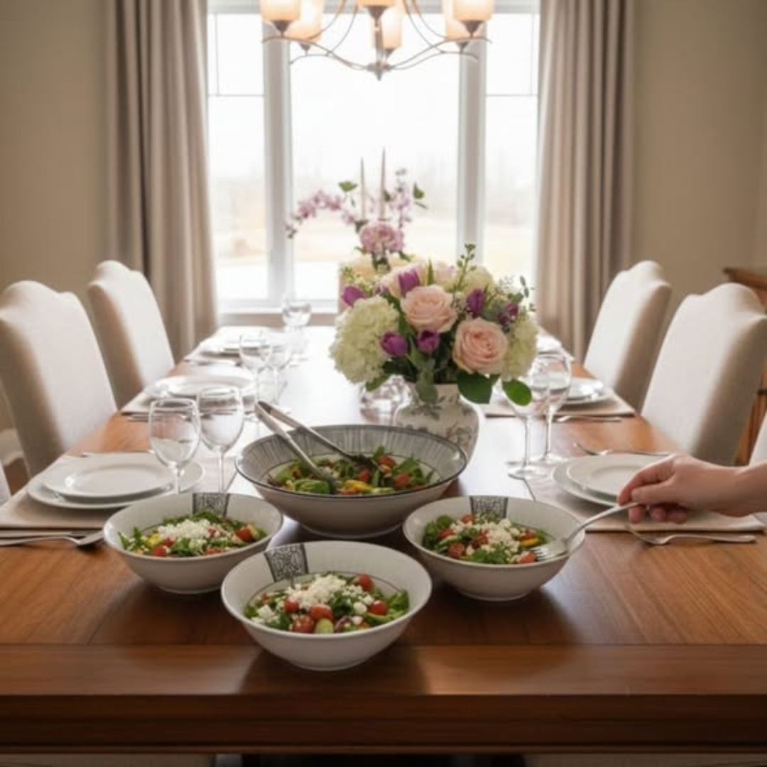 7pc Porcelain Black Ring Soup Set