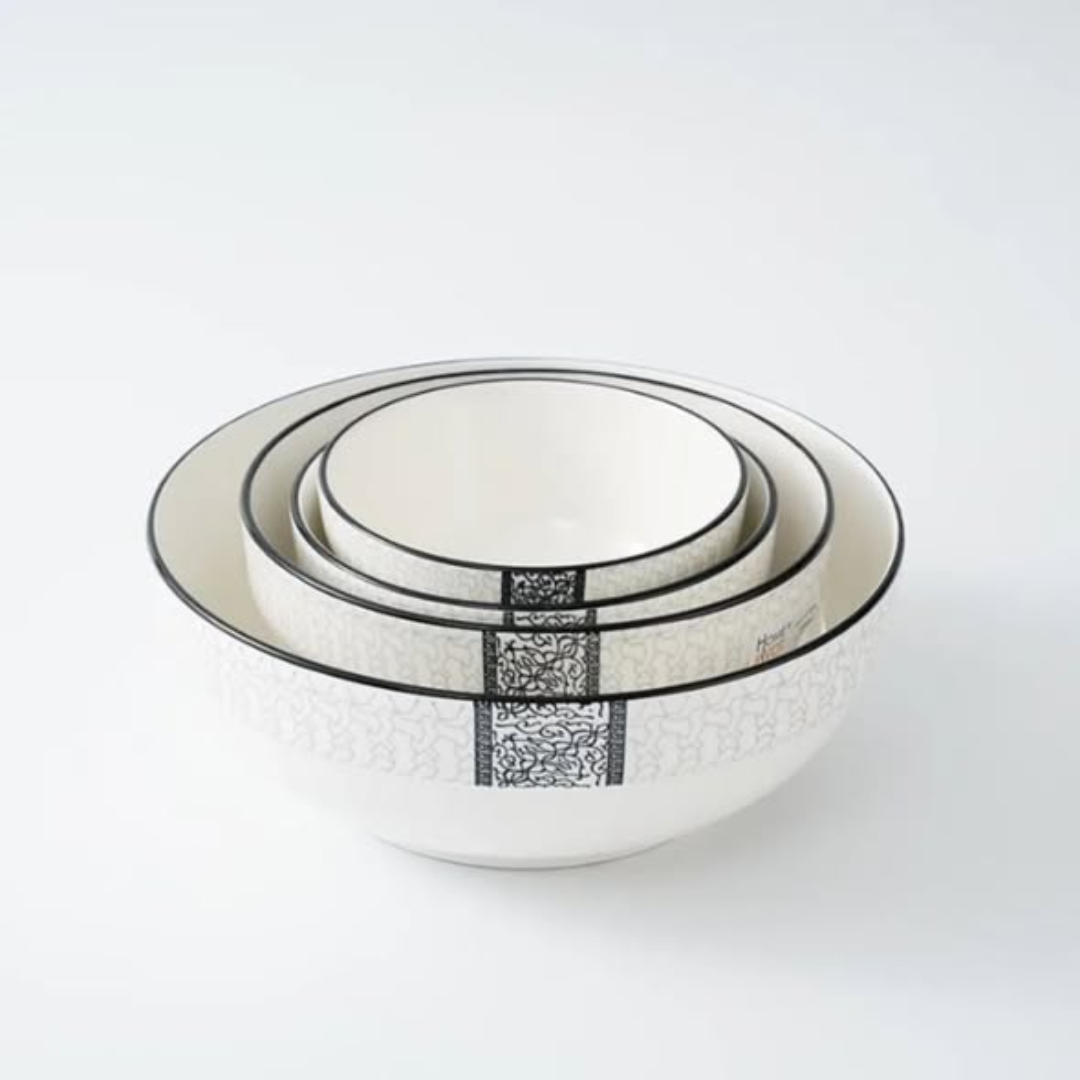 7pc Porcelain Black Ring Soup Set