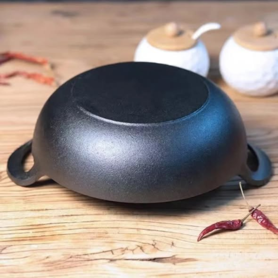 Pre-seasoned Pure Cast Iron Flat Bottom Wok