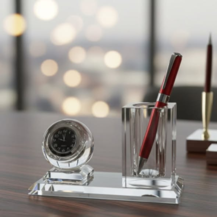 Crystal glass Desktop clock and pen holder set