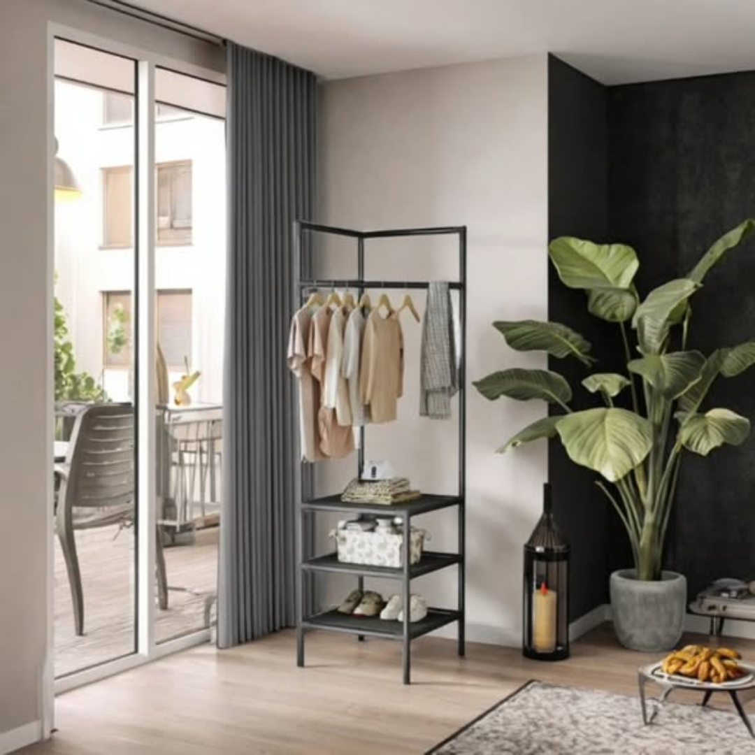 Multifunctional metallic corner coat hanging rack