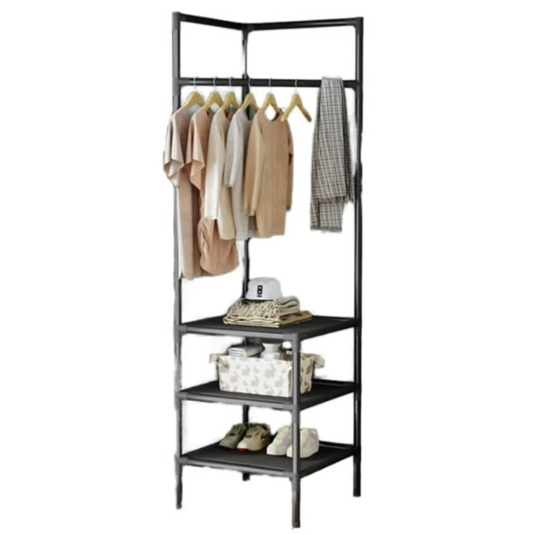 Multifunctional metallic corner coat hanging rack