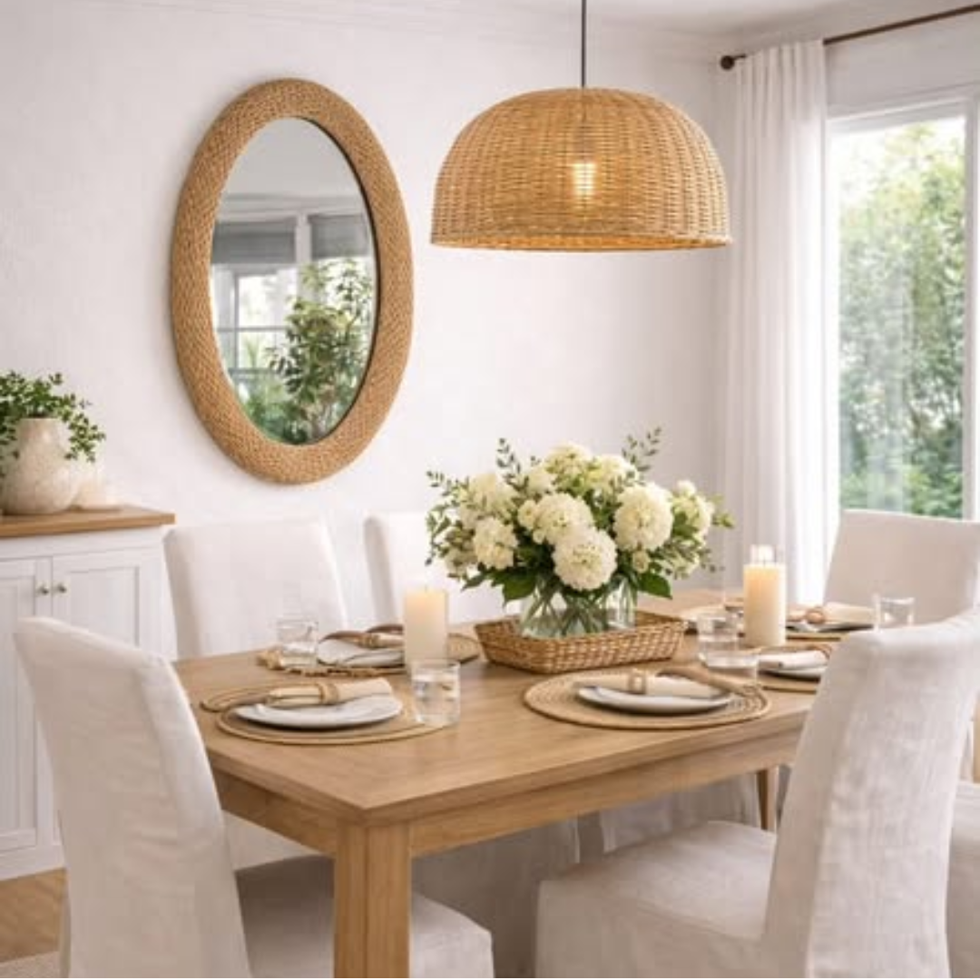 Big Size Modern Oval Rattan Bamboo Mirror