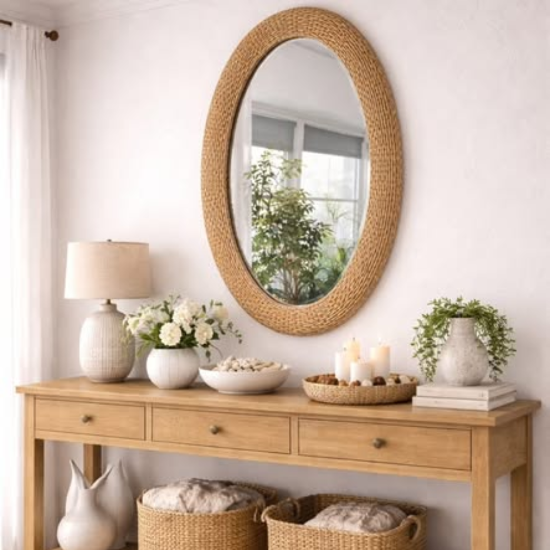 Big Size Modern Oval Rattan Bamboo Mirror