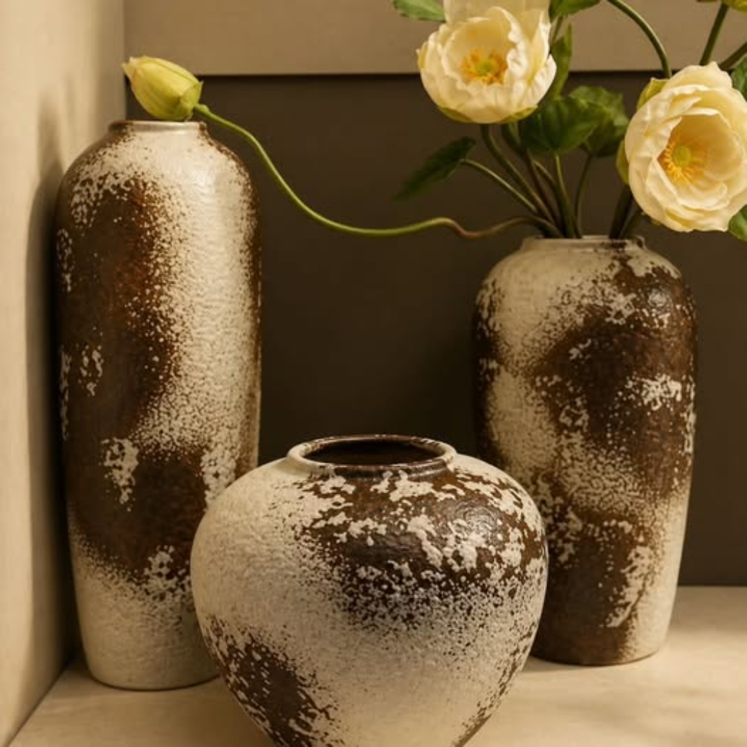 3pcs Rustic Brown Textured Vase Set