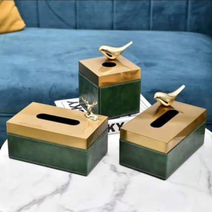 PU Leather Tissue Box with Gold Metal Lid