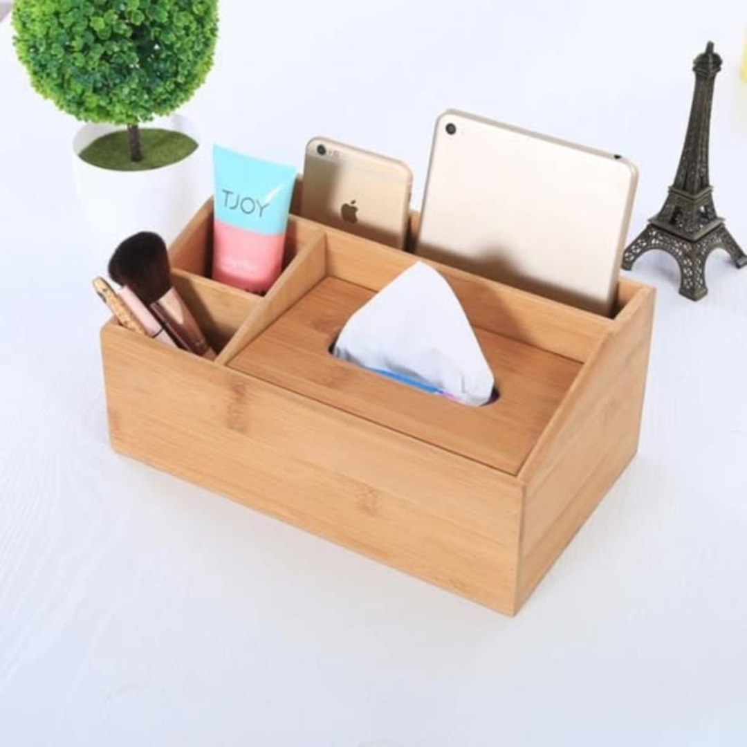 Multifunctional Bamboo Desktop Organiser / Tissue Box