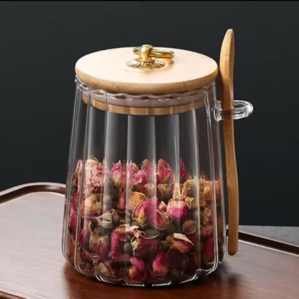 Glass Storage Jar With Bamboo Lid Spoons