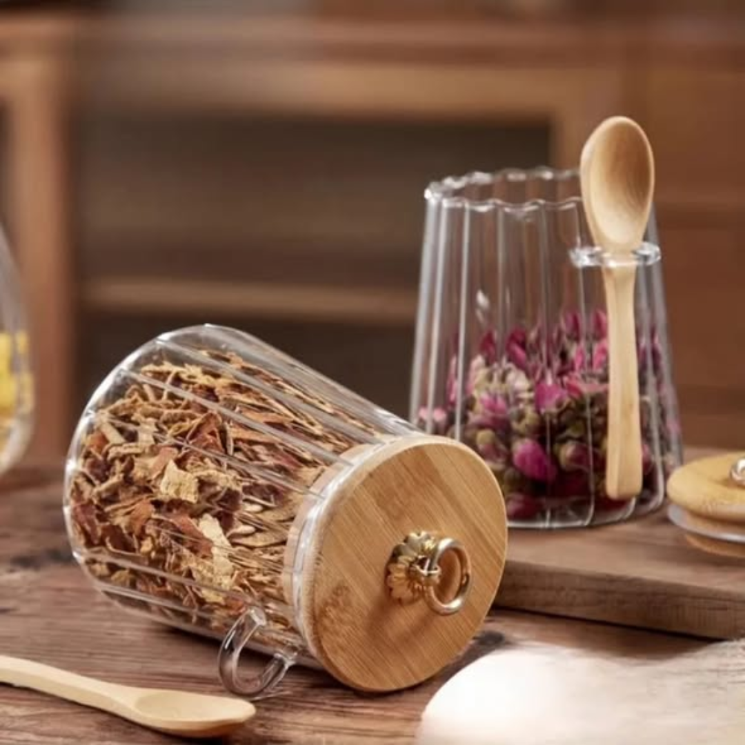 Glass Storage Jar With Bamboo Lid Spoons