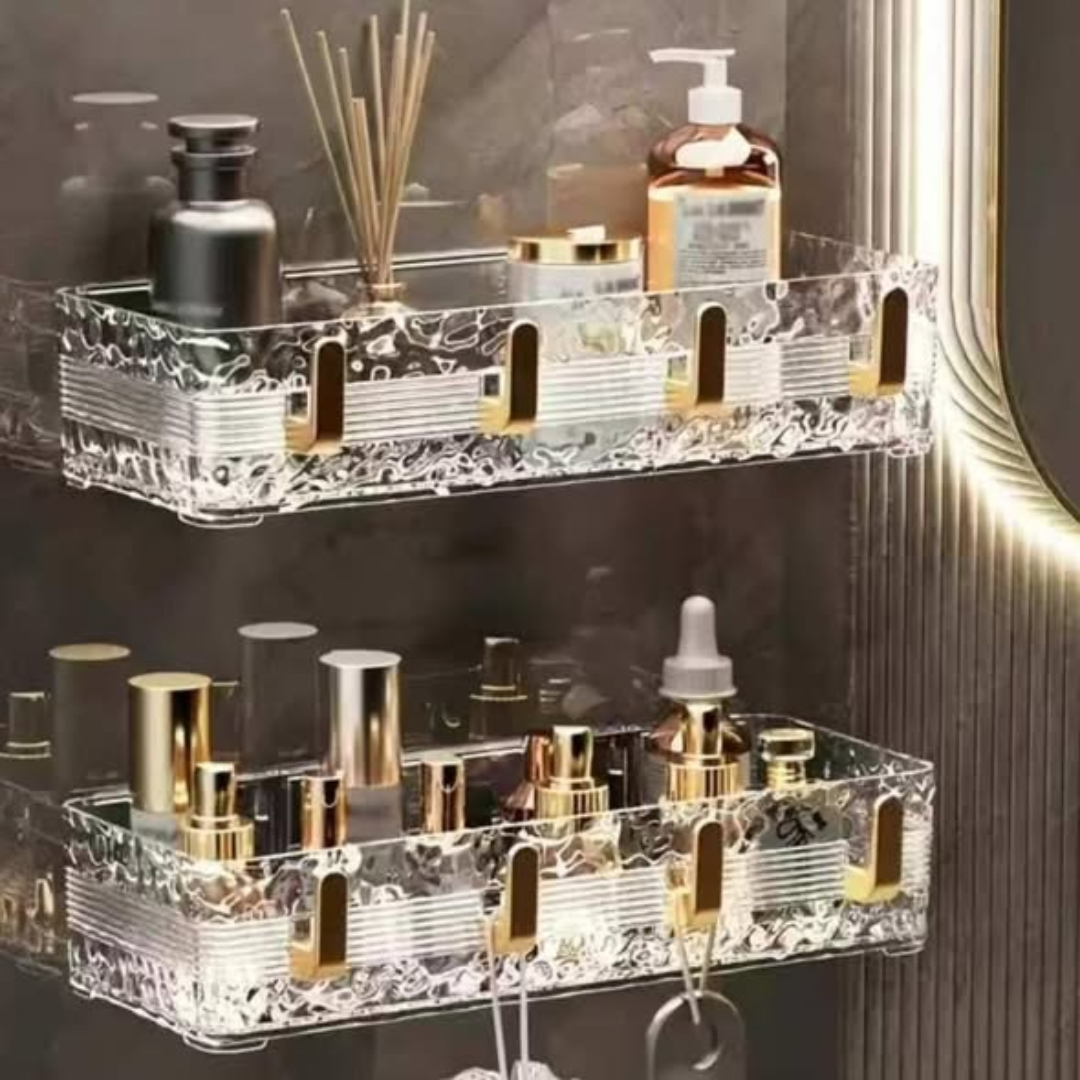 Acrylic Wave Patterned Storage Shelf with Gold Hooks