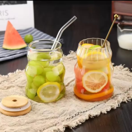 1Pc Textured Glass Bamboo Lid Tumbler