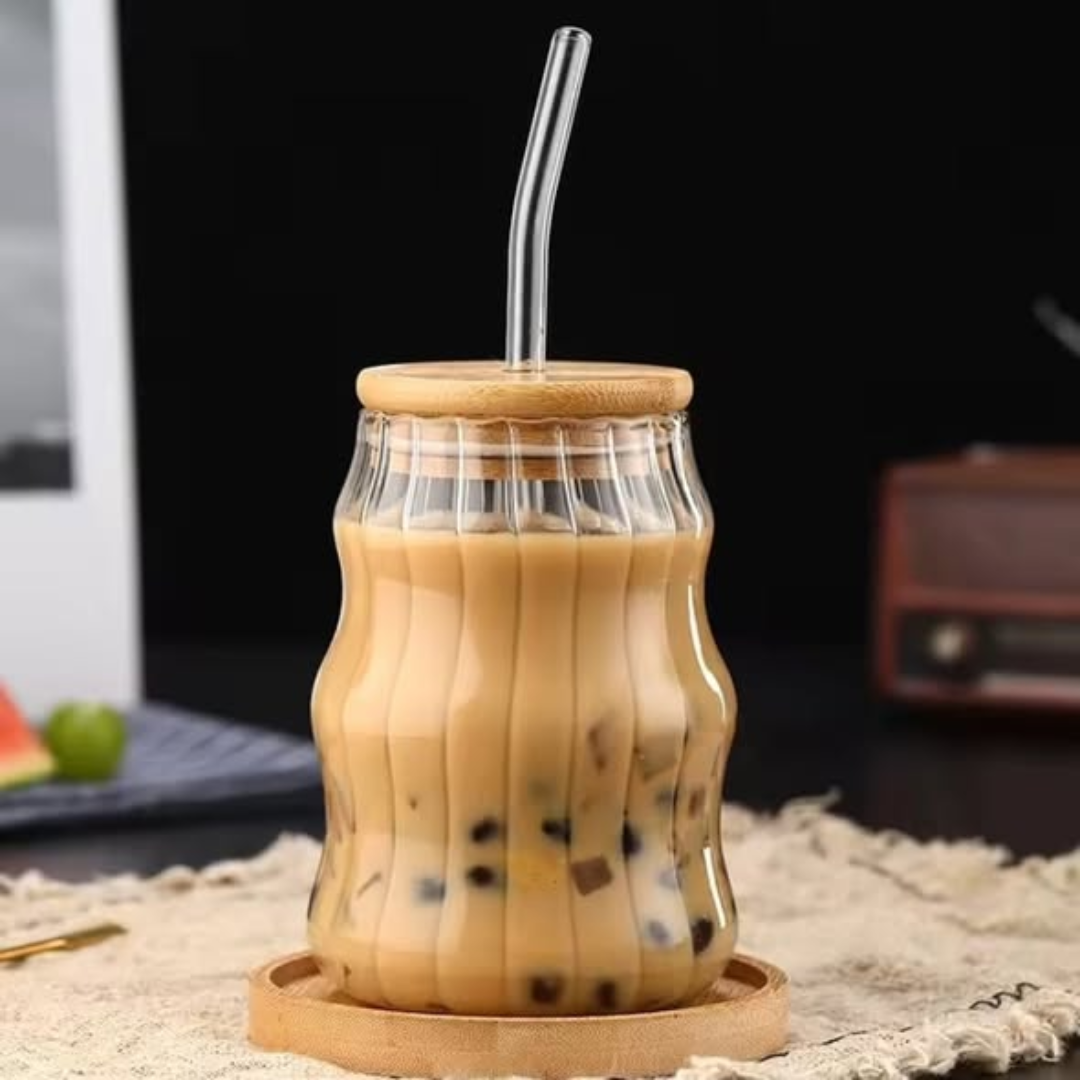 1Pc Textured Glass Bamboo Lid Tumbler