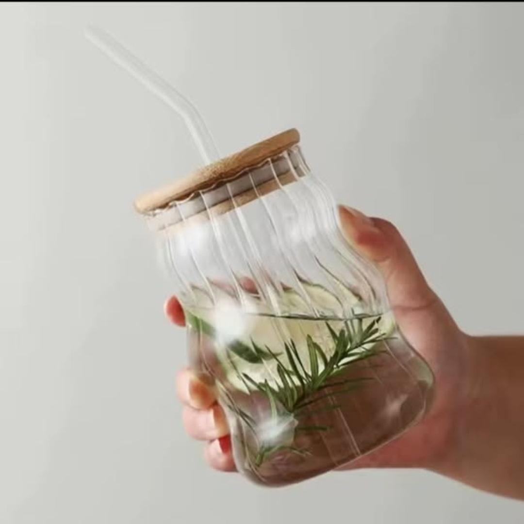 1Pc Textured Glass Bamboo Lid Tumbler