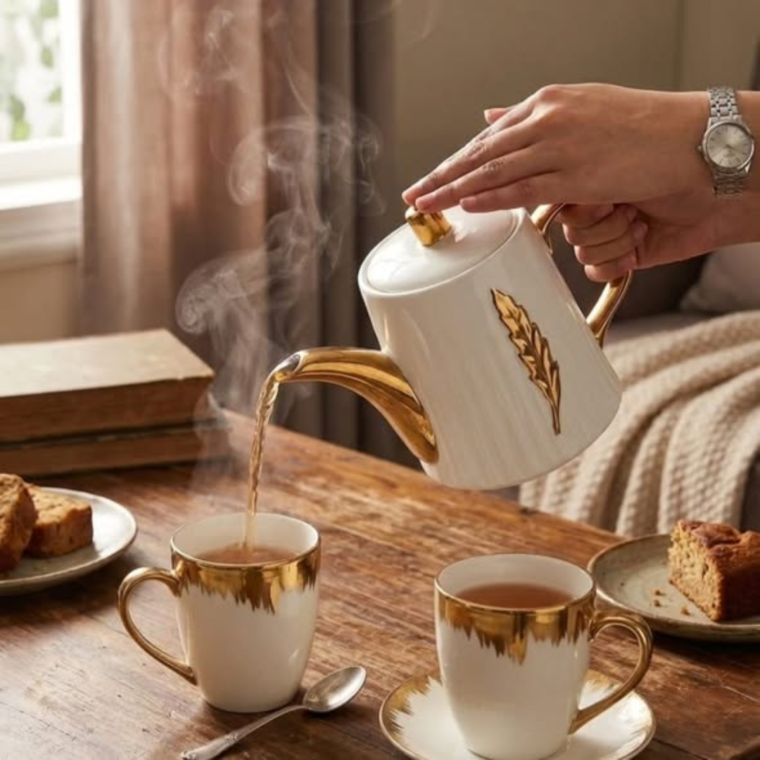 Gold Detail Kettle + 4pc Cups