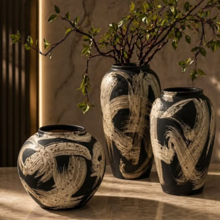 3 Pcs Artistic Black and White Vase Set