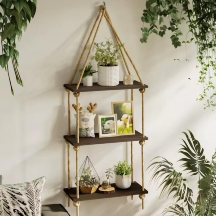 3 Tier Wooden Floating Shelf / Hanging Rope Organizer Rack