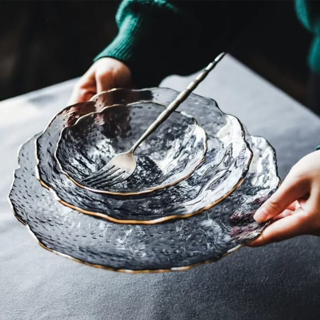 3-Piece Irregular Gold Rim Glass Plate Set