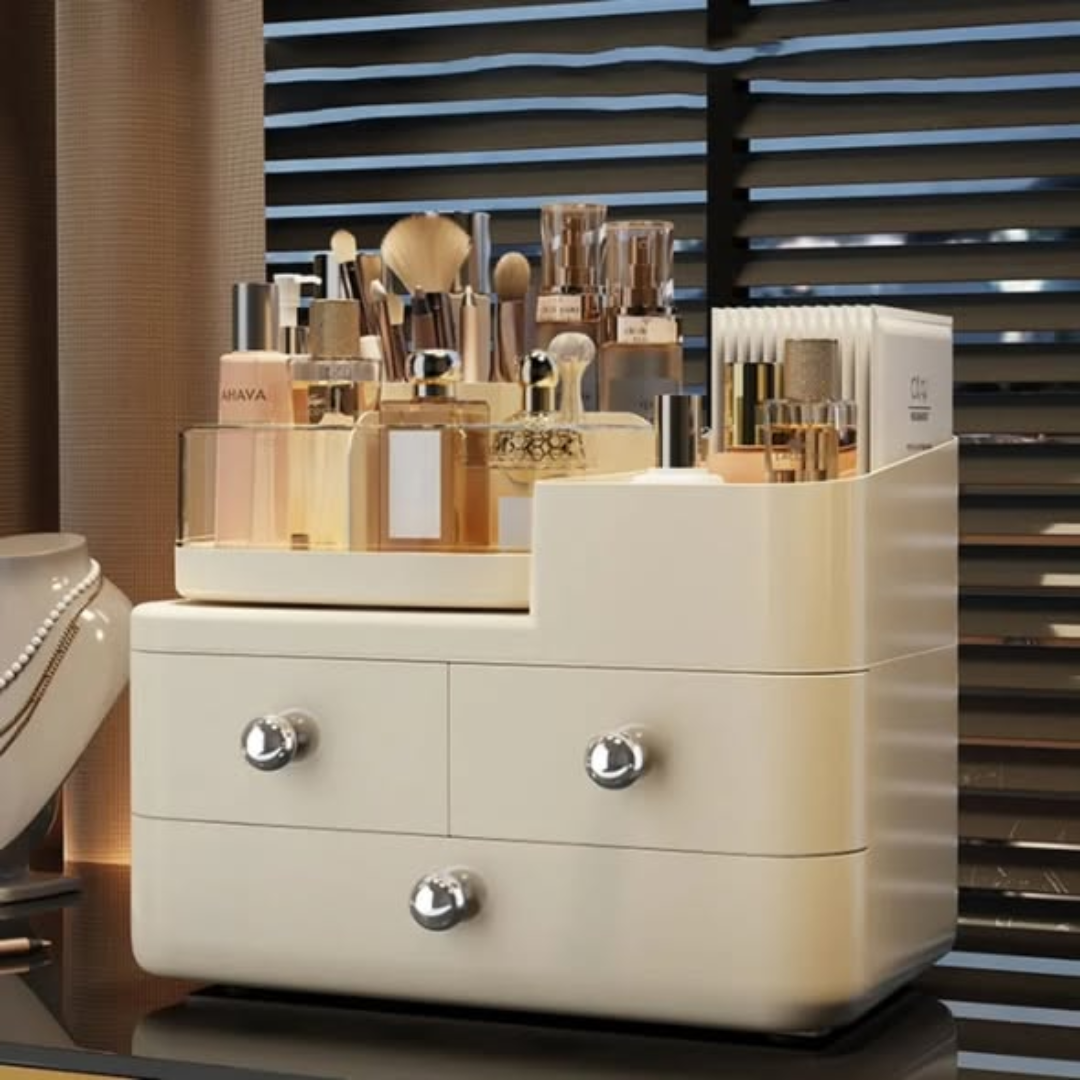 Cosmetic organizer rack with rotating top