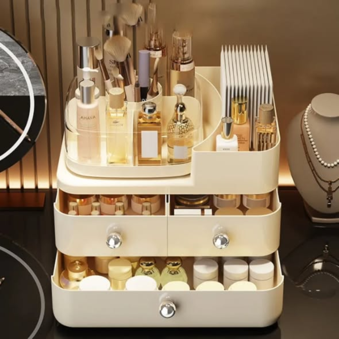 Cosmetic organizer rack with rotating top