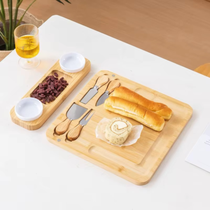 Bamboo Cheese Board and Cutlery Set with 2 Ceramic Dips