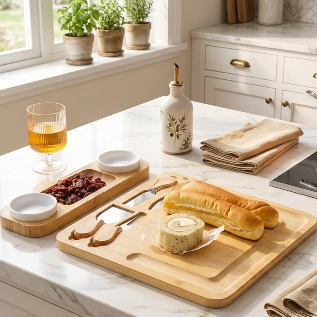 Bamboo Cheese Board and Cutlery Set with 2 Ceramic Dips
