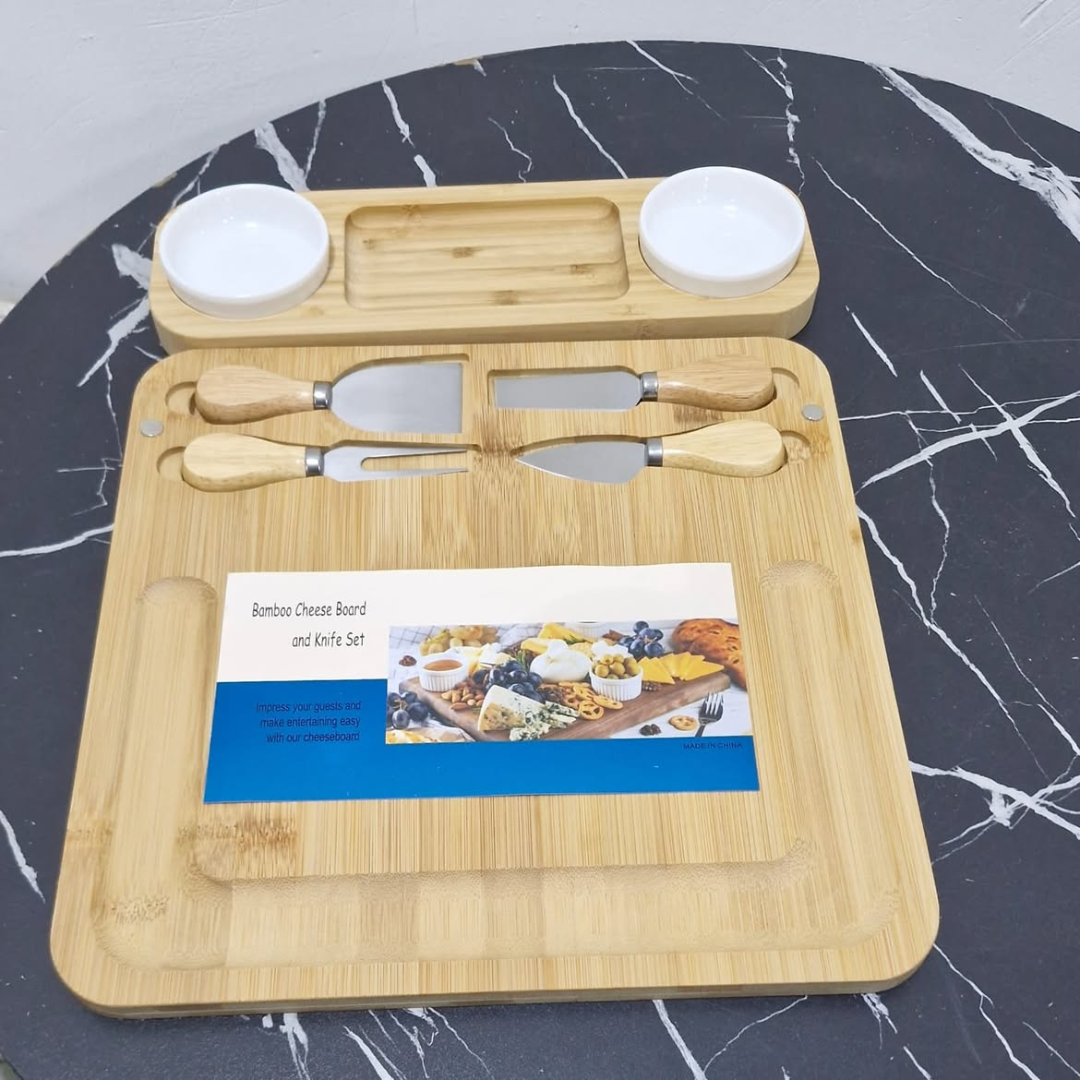 Bamboo Cheese Board and Cutlery Set with 2 Ceramic Dips