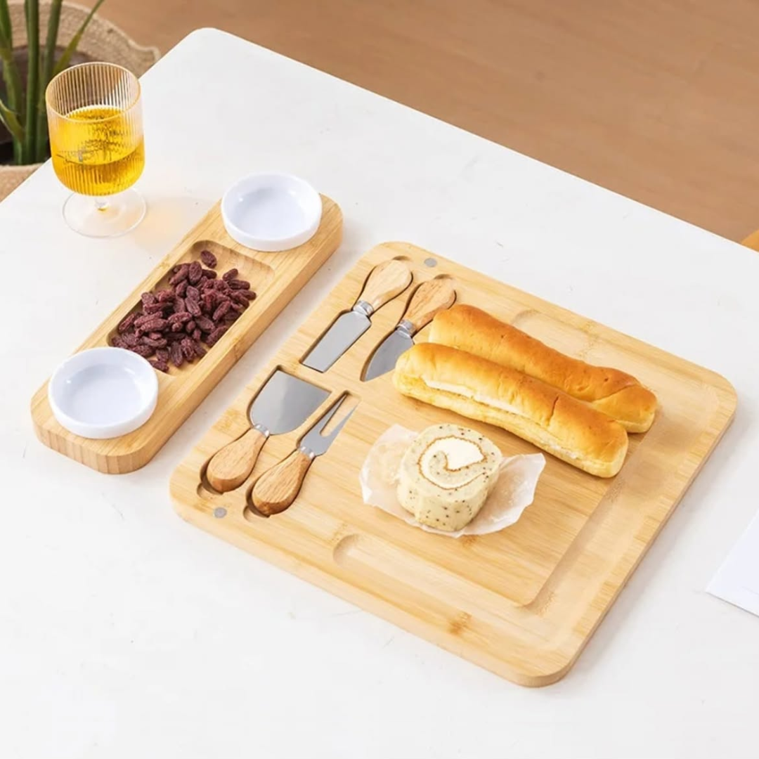 Bamboo Cheese Board and Cutlery Set with 2 Ceramic Dips