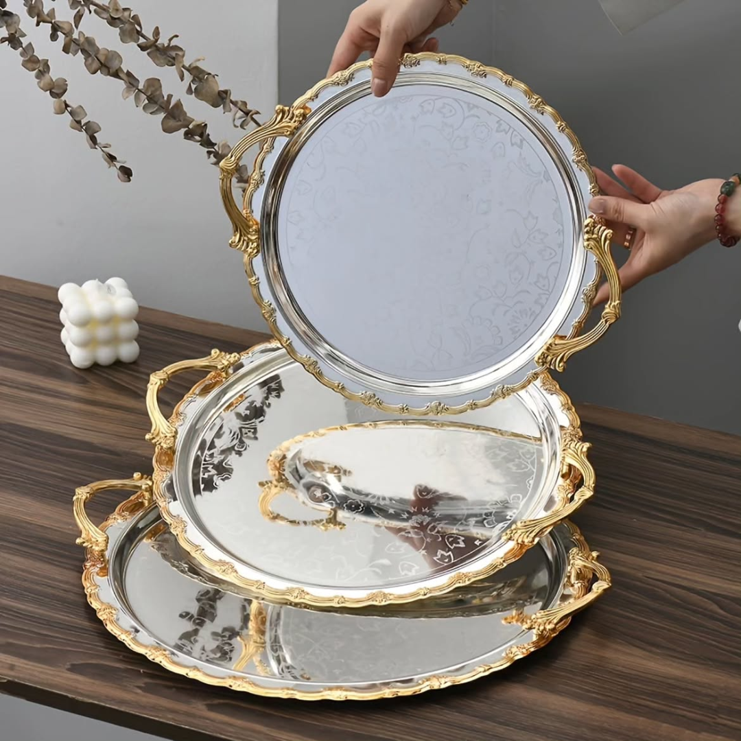 3pcs Round Gold-Plated Serving Tray Set