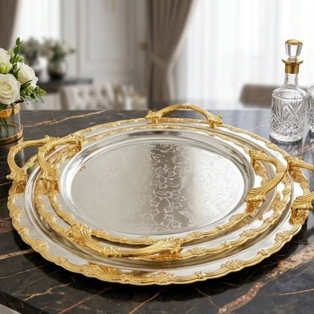 3pcs Round Gold-Plated Serving Tray Set