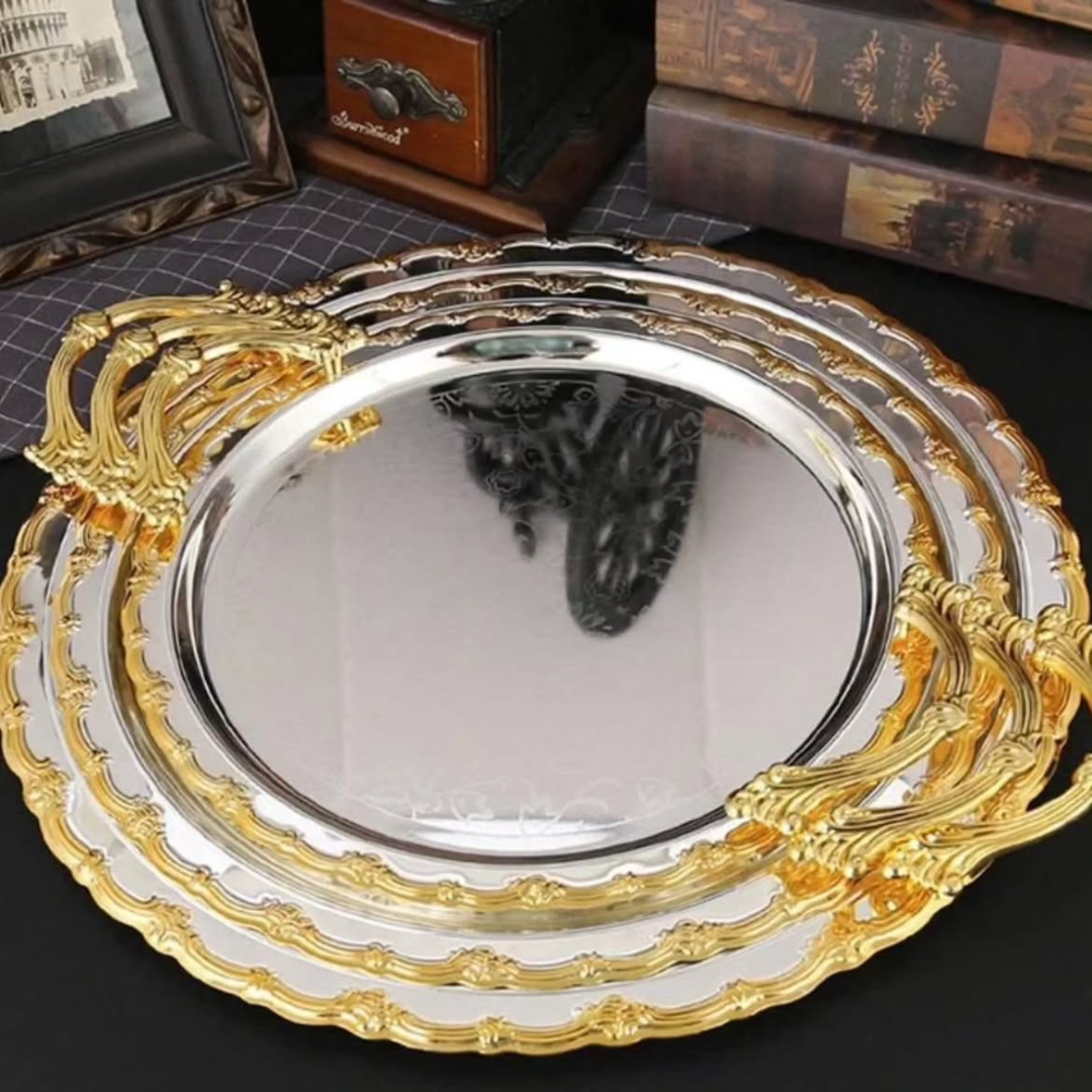 3pcs Round Gold-Plated Serving Tray Set