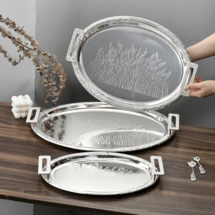 3pcs Antique Round Silver Double-Tone Mirror Polished Metal Tray Set