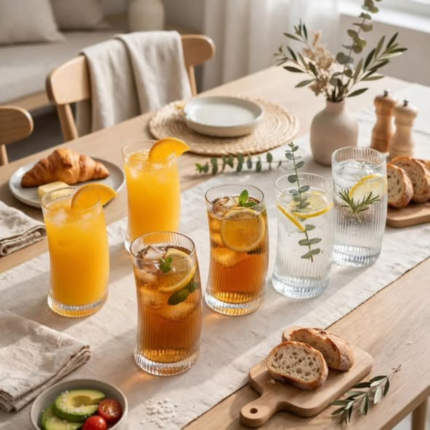 6Pcs Ribbed Juice Glasses With a Gold Ring