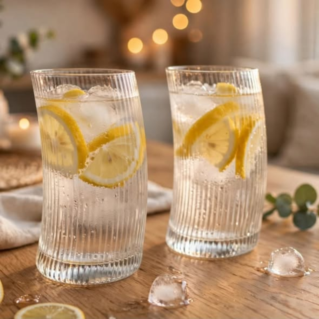6Pcs Ribbed Juice Glasses With a Gold Ring