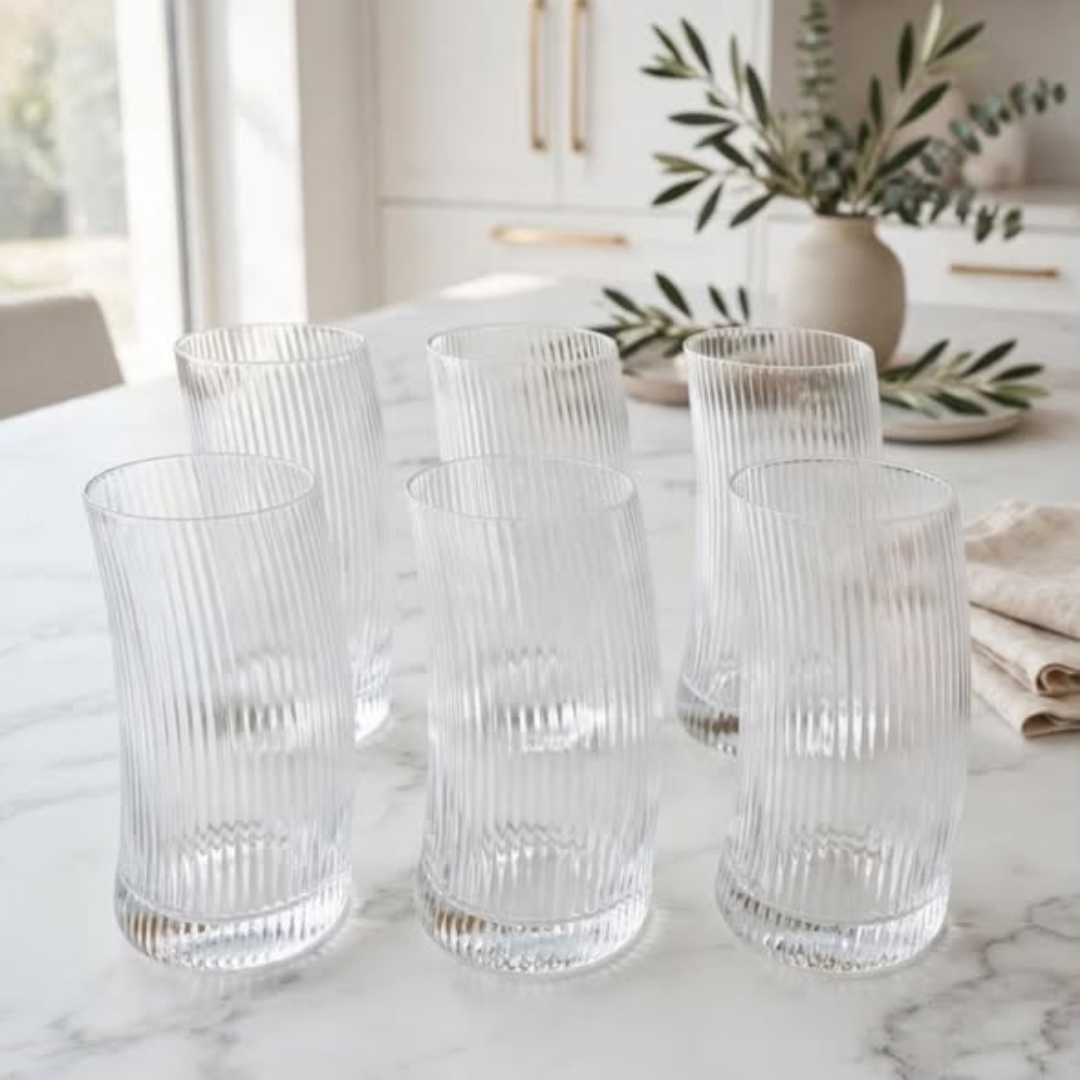 6Pcs Ribbed Juice Glasses With a Gold Ring