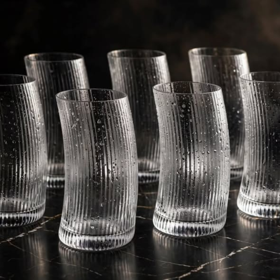 6Pcs Ribbed Juice Glasses With a Gold Ring