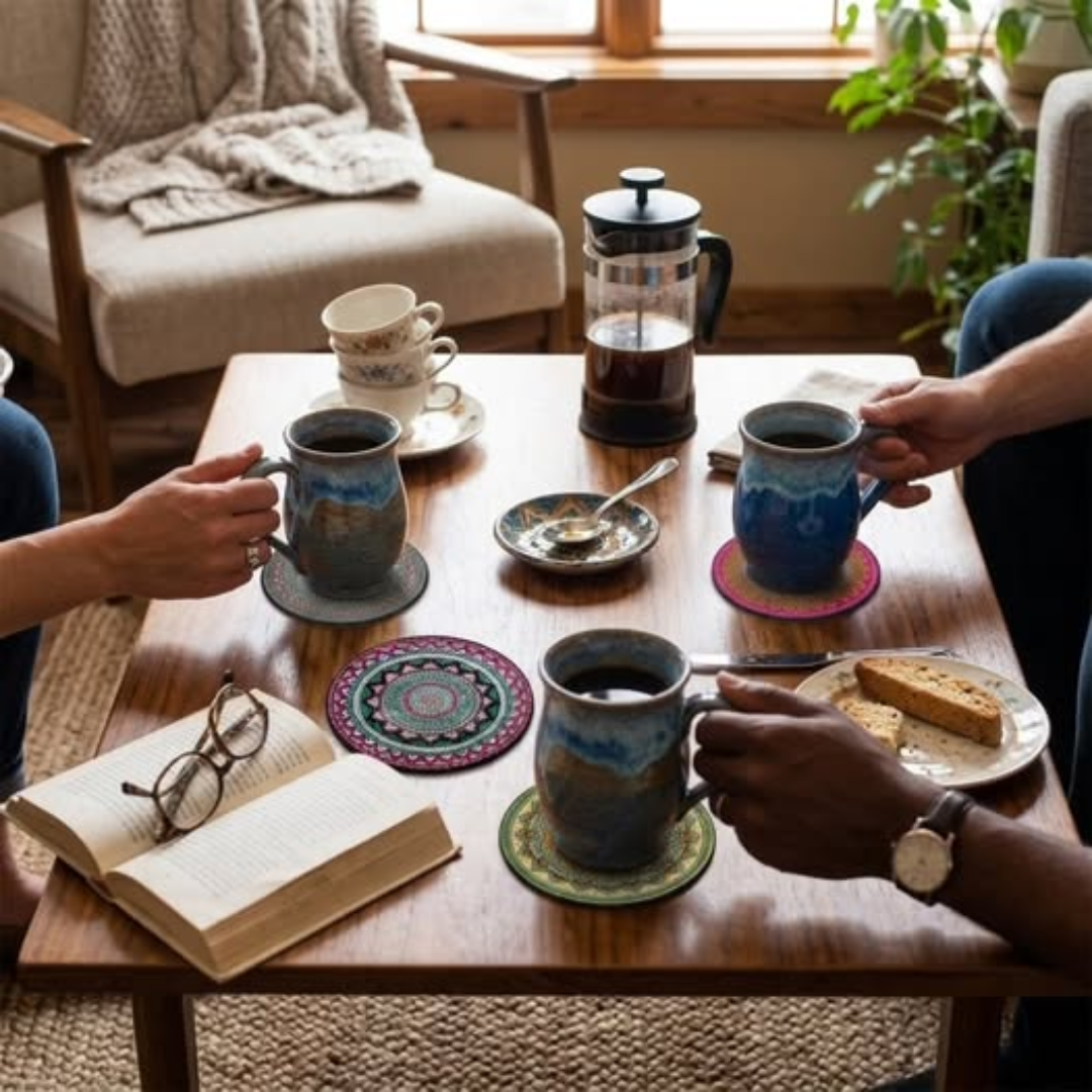 6pcs Drink Coasters With Metal Stand Holder