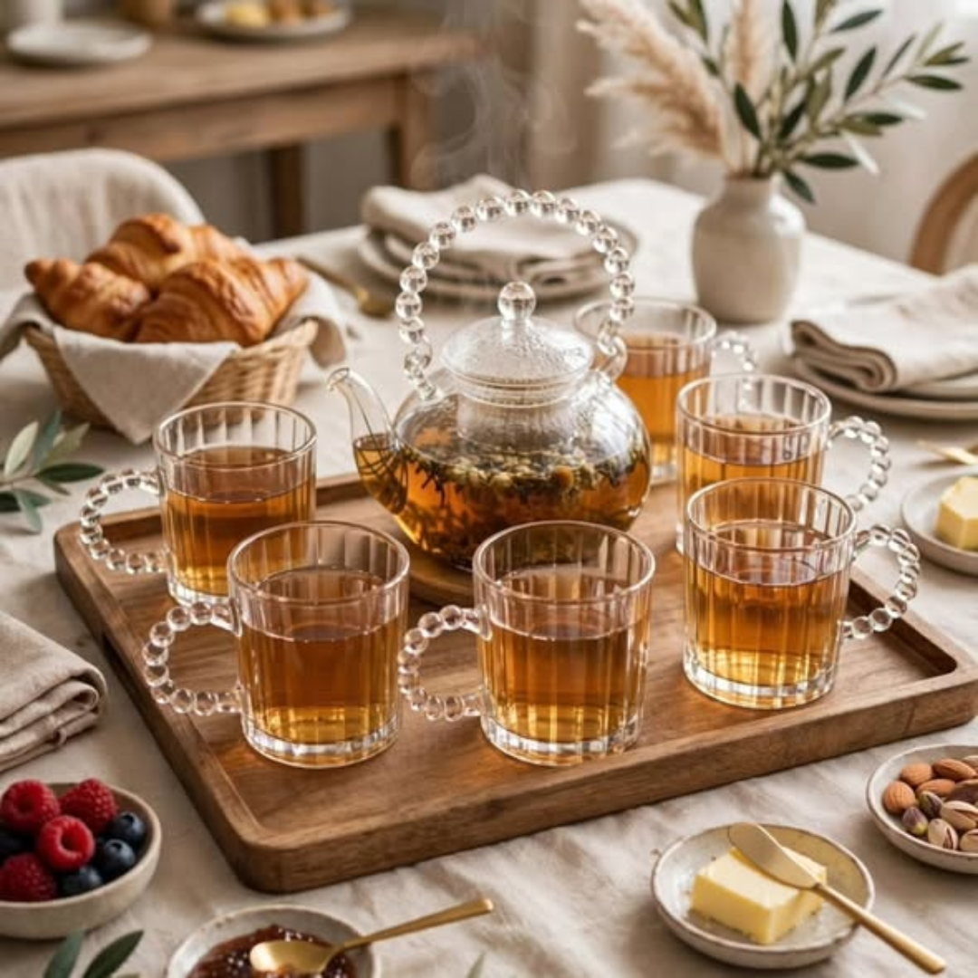 Ribbed Glass Mugs with Beaded Embossed Handle