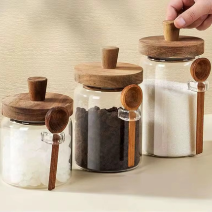 Multipurpose Glass Storage Jar with Acacia Lid and Matching Spoon