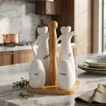 Porcelain Oil Vinegar Salt and Pepper Set with Bamboo Base