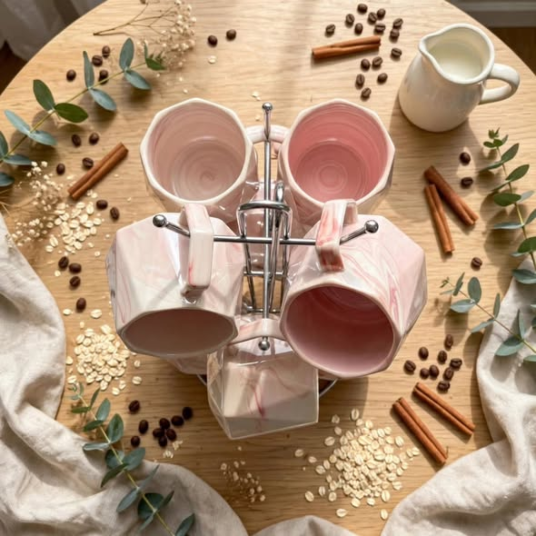 6Pcs Pearl Marble Octagon Mugs