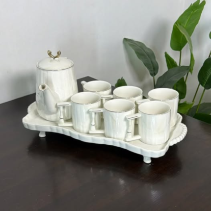 7pcs + Tray White Ribbed Tea Set