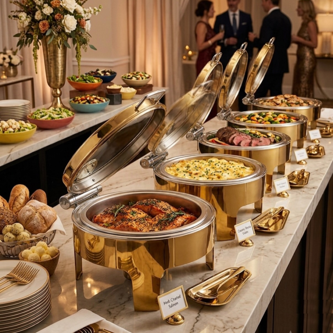 Chaffing Dishes with Gold Accents