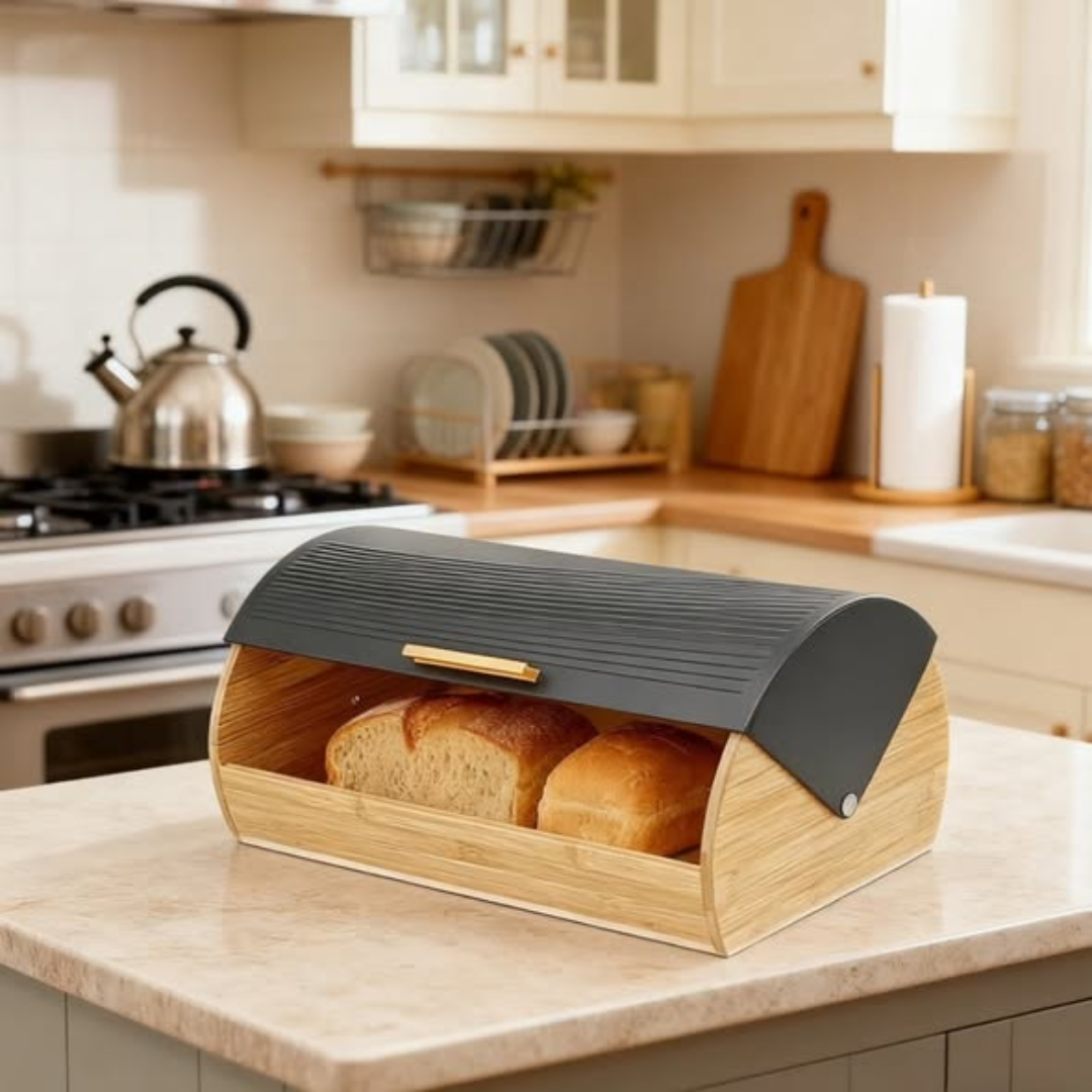 Bamboo Bread Box with Roll-Top Black Lid