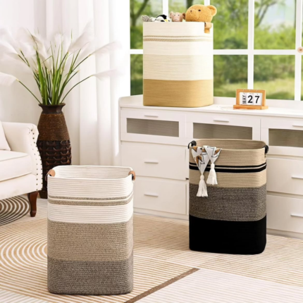 Cotton Rope Woven Laundry Hamper with Leather Handles
