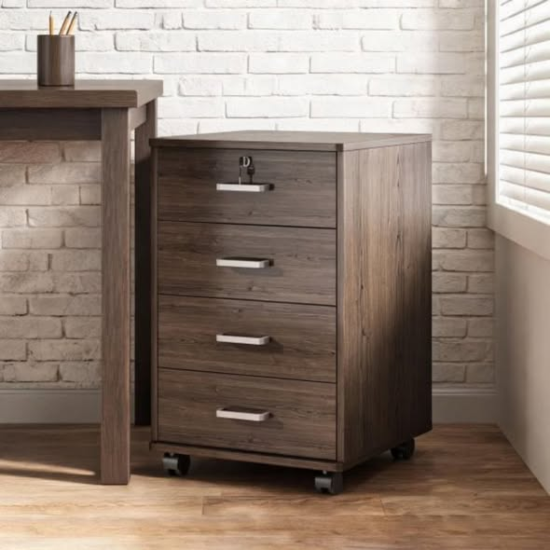 Minimalist wooden multi-purpose cabinet with lock and wheels