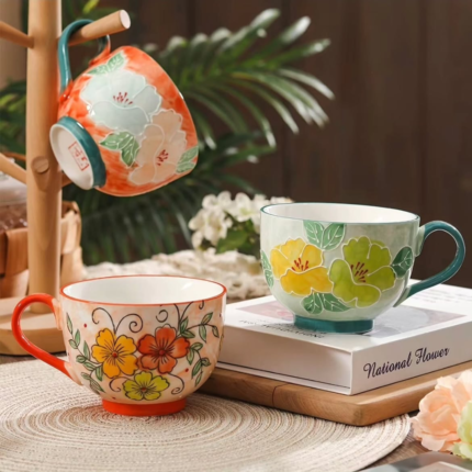 Hand-Painted Embossed Flower Mug