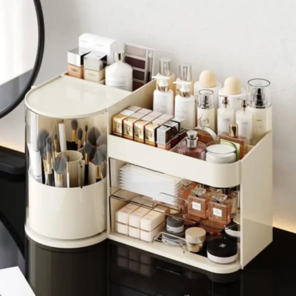 Cosmetic Organizer Rack With Tray And Rotating Holder
