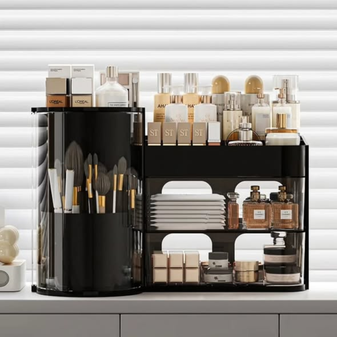 Cosmetic Organizer Rack With Tray And Rotating Holder