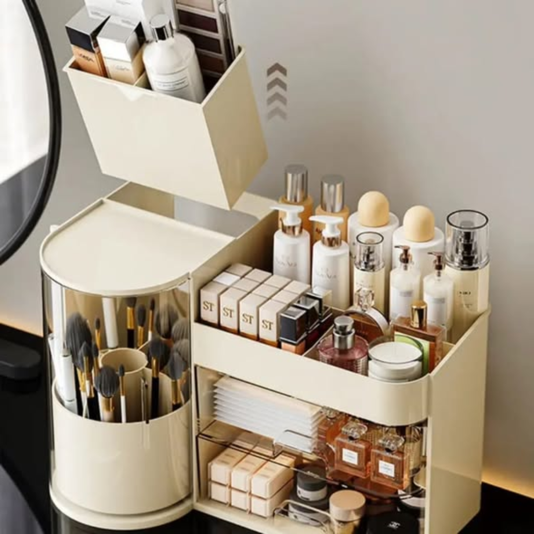 Cosmetic Organizer Rack With Tray And Rotating Holder