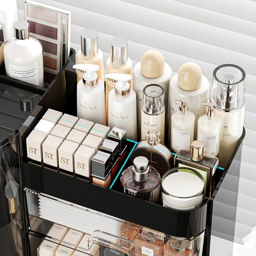 Cosmetic Organizer Rack With Tray And Rotating Holder